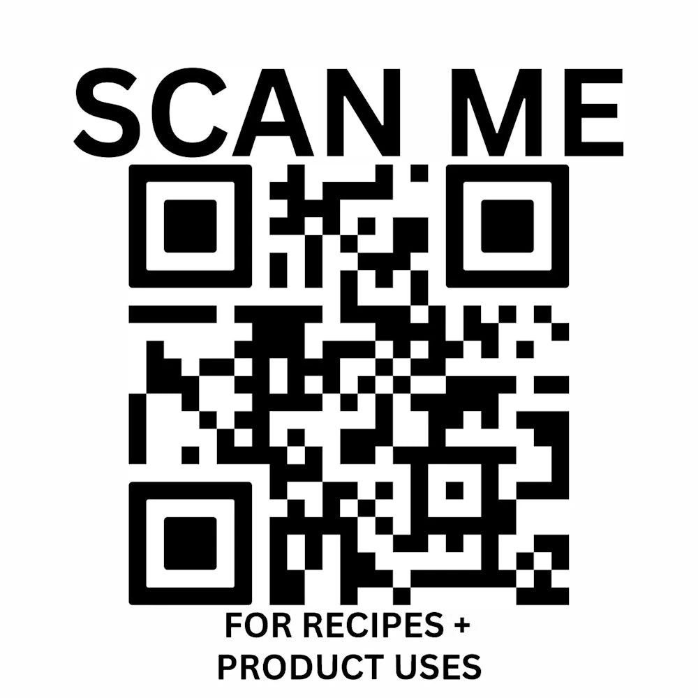 QR code with "SCAN ME" text above and "FOR RECIPES + PRODUCT USES" below on a plain white background.