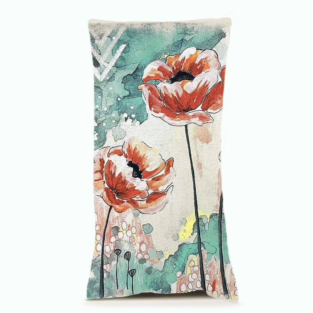 Rectangular pillow with an artistic watercolor print of two orange flowers on tall stems.