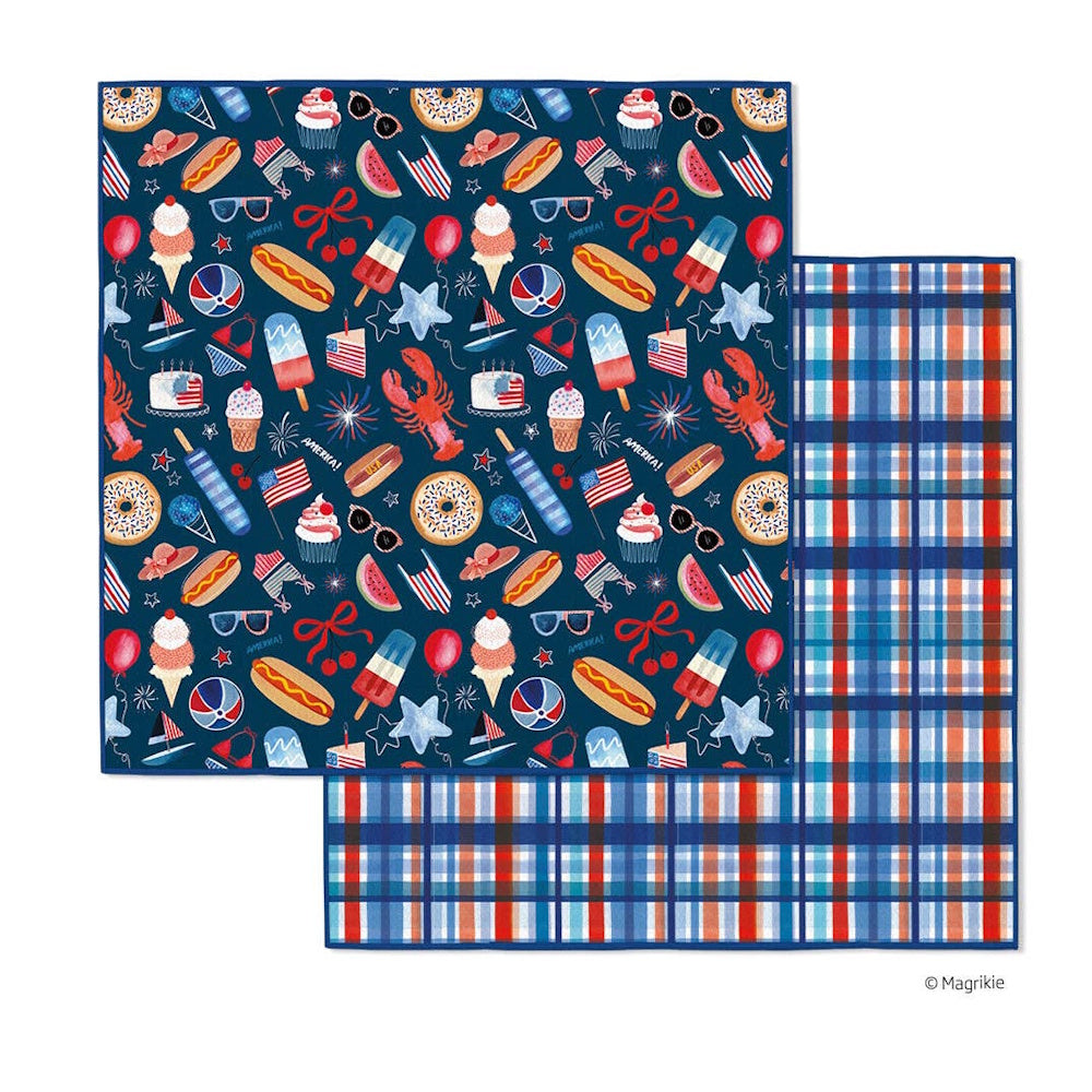 A set of two microfiber dishcloths: one with a navy Americana summer icons print and one with a blue and red plaid.