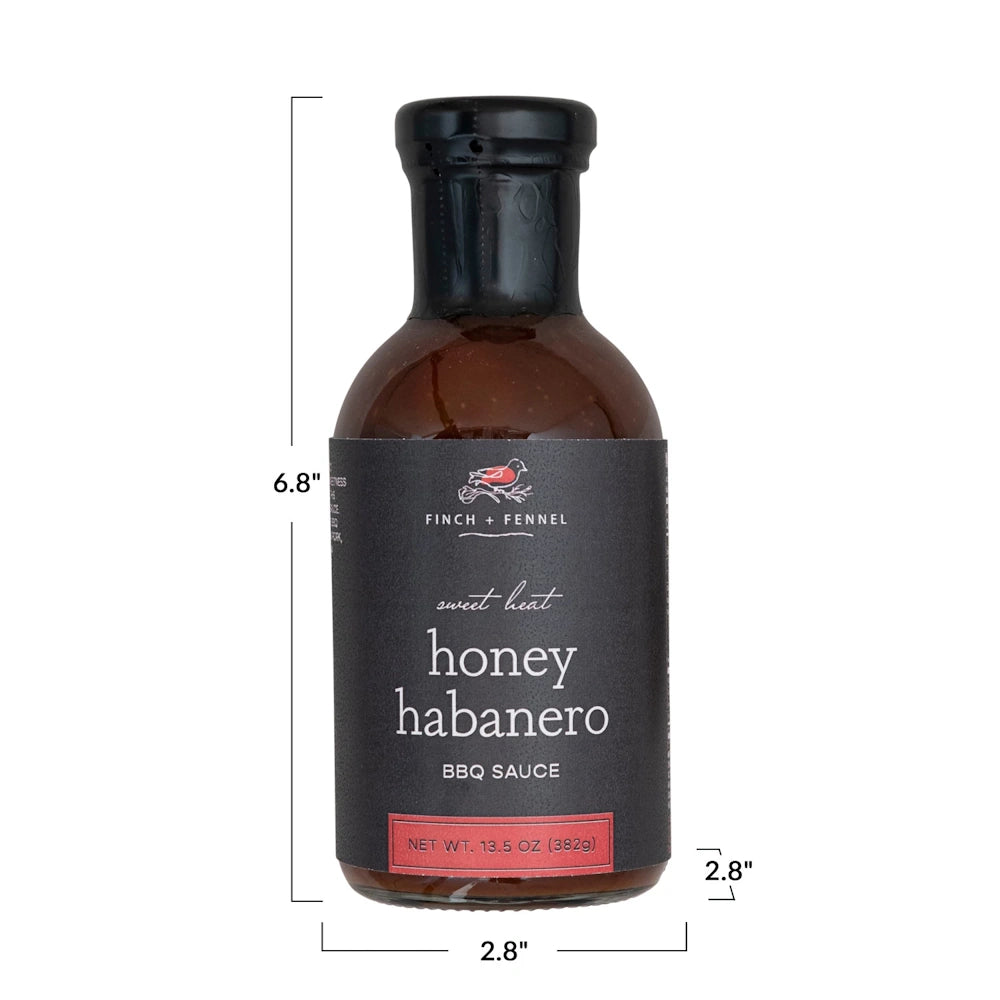 Finch + Fennel Honey Habanero BBQ Sauce bottle with dimensions 6.8" x 2.8" on a white background.