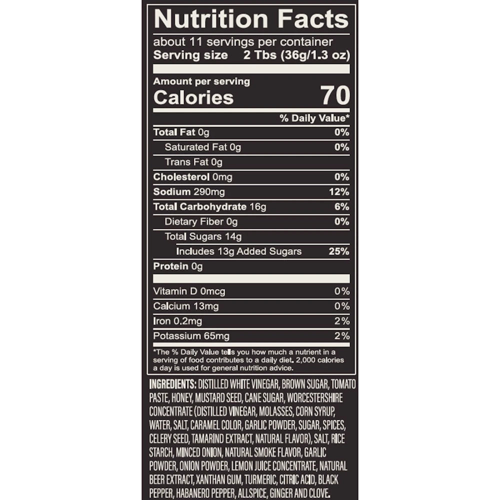 Nutrition Facts label and ingredients list for Honey Habanero BBQ Sauce with 70 calories and 14g sugar per serving.