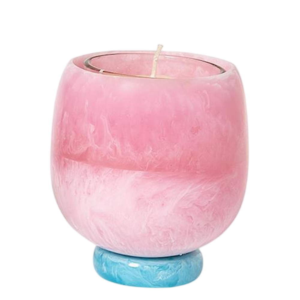 Pink marbled swirl pedestal candle cup with a light blue base and a scented candle insert.