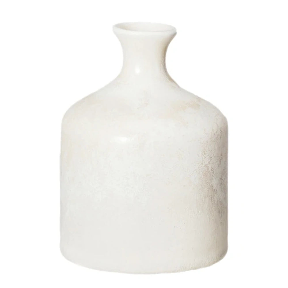 Off-white textured ceramic bottle vase with a cylindrical body, tapered shoulder, and narrow flared rim.