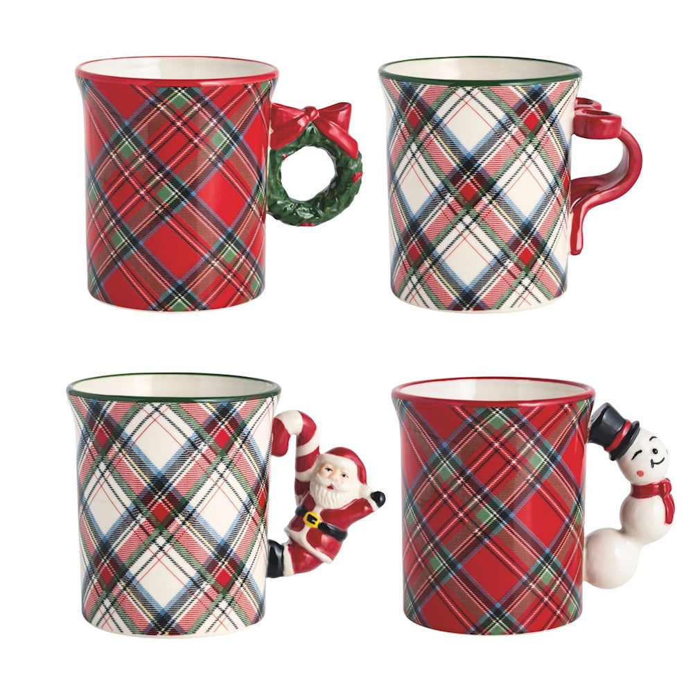 Set of four holiday tartan plaid mugs featuring festive sculpted handles.