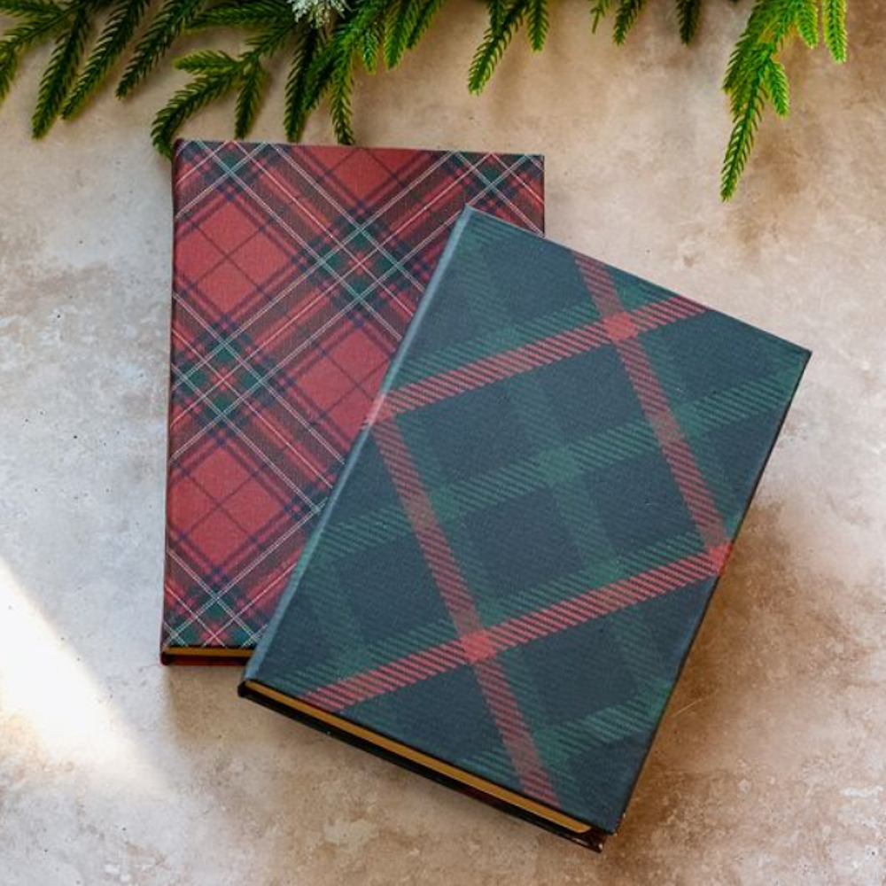 Two plaid-patterned hardcover notebooks resting on a textured surface with pine greenery above.
