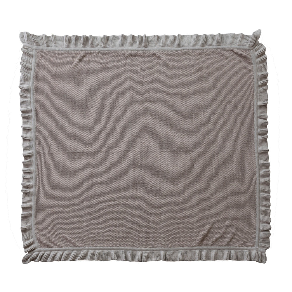 Taupe cotton knit throw blanket with ruffled edges.