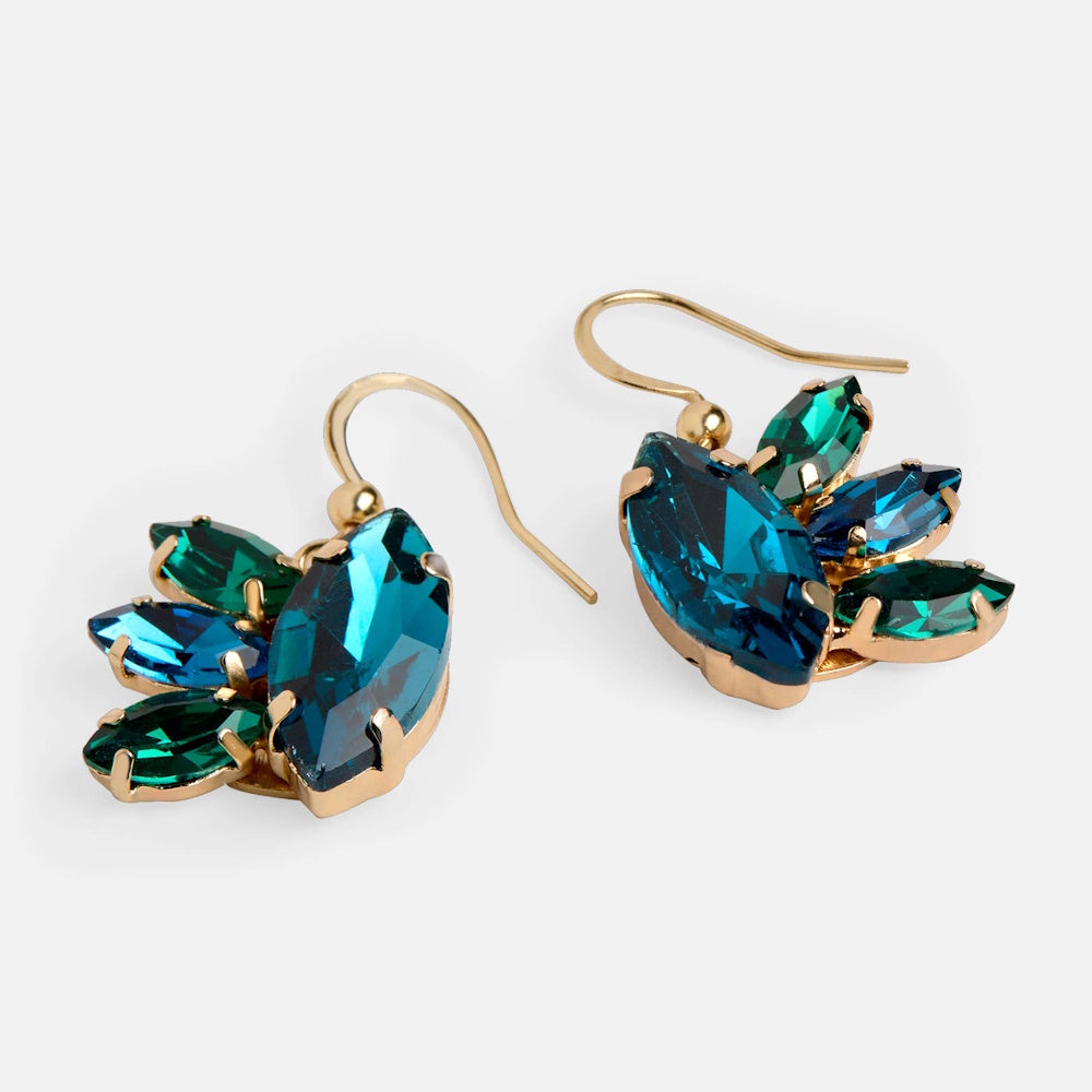 Gold dangle earrings featuring a burst cluster of teal, emerald green, and blue marquise crystals.