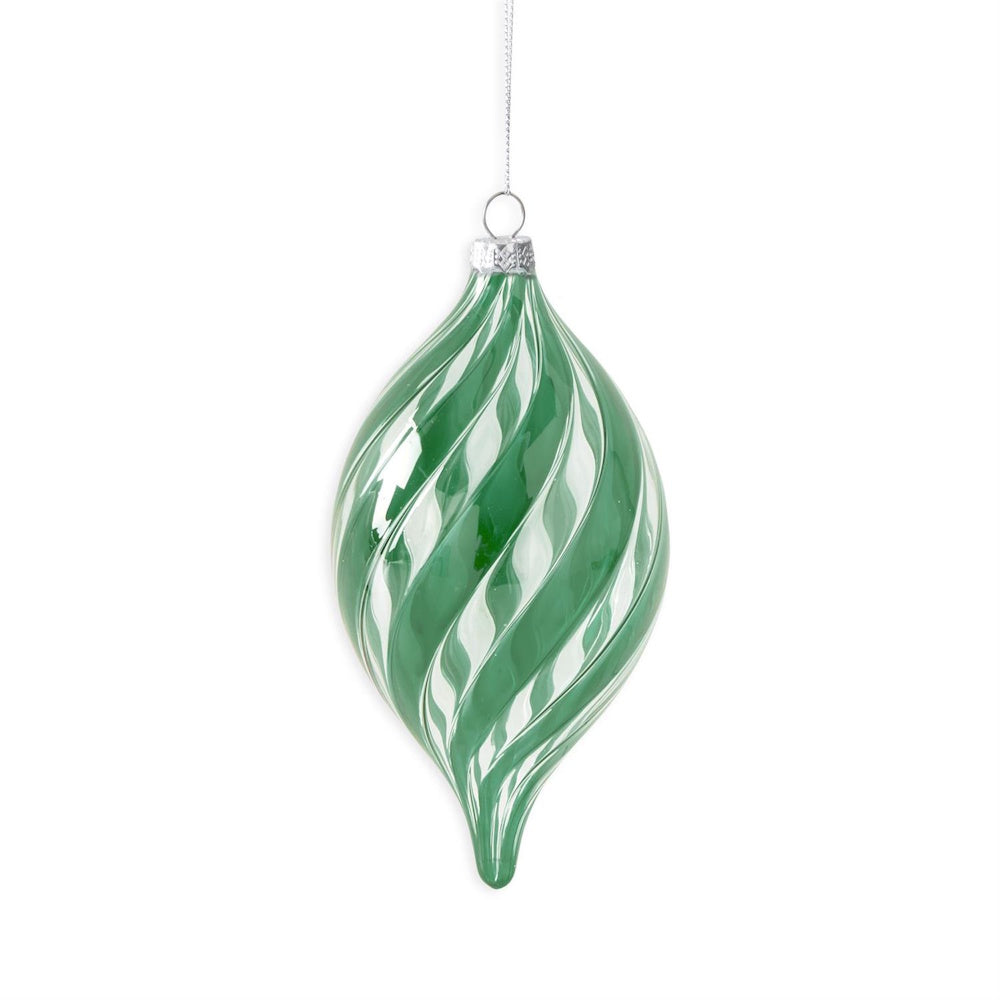 A hanging green and clear glass teardrop ornament featuring swirled patterns.