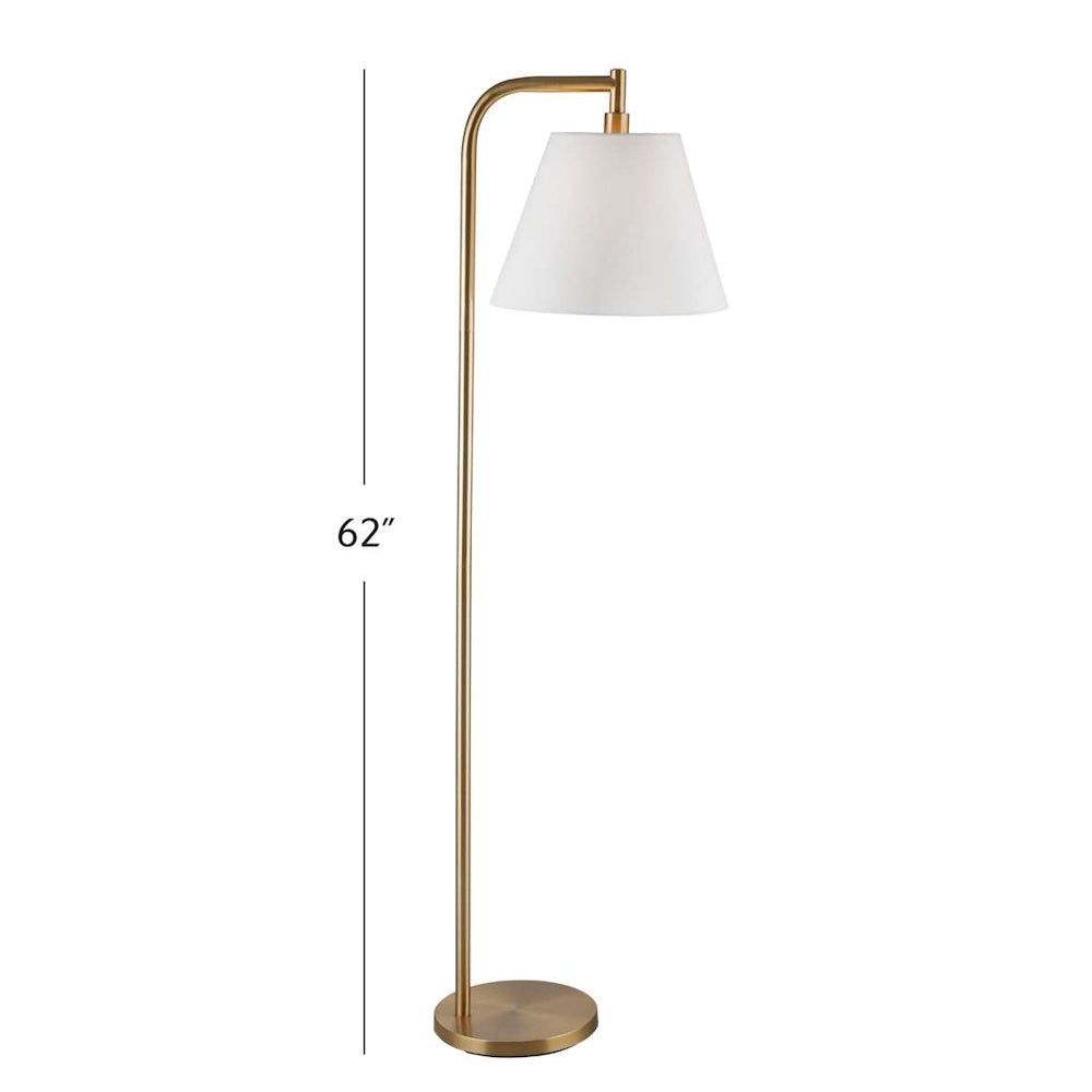 A brass floor lamp with a white tapered shade, featuring a vertical line indicating a height of 62 inches.