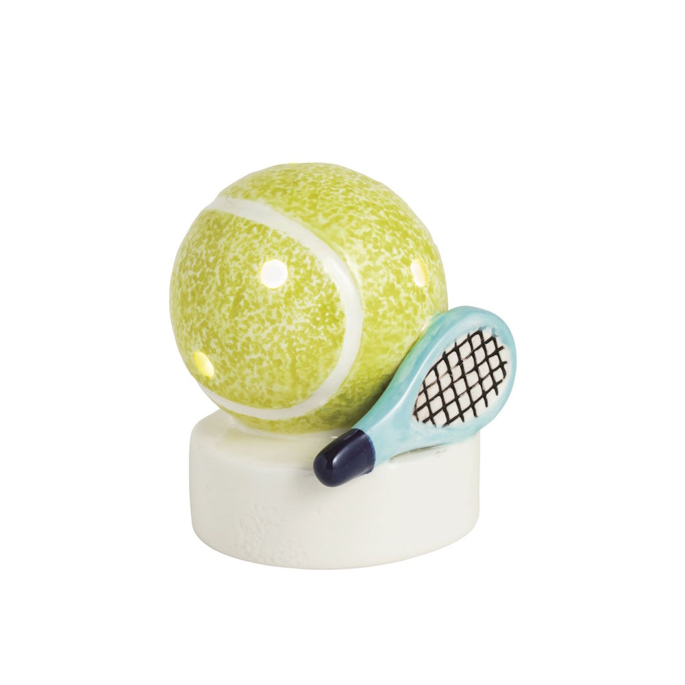 Ceramic tennis ball and racket light-up sitter on a white base, decorative sports-themed desk accessory.