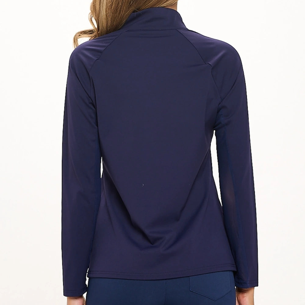 Back view of a woman wearing a navy blue long-sleeve quarter-zip pullover with raglan sleeves and mesh underarm panels.