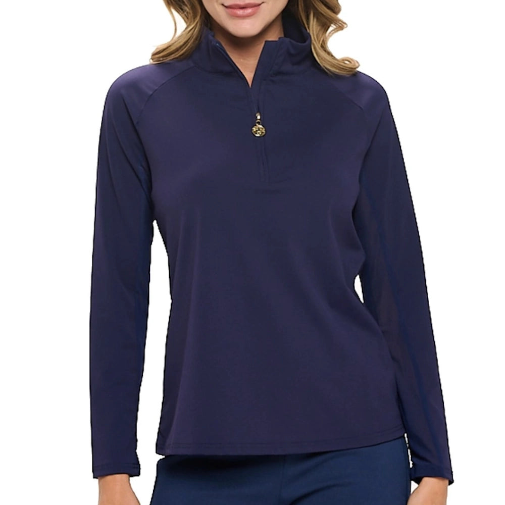Woman wearing a navy blue long-sleeve quarter-zip pullover with raglan sleeves and a gold zipper pull.