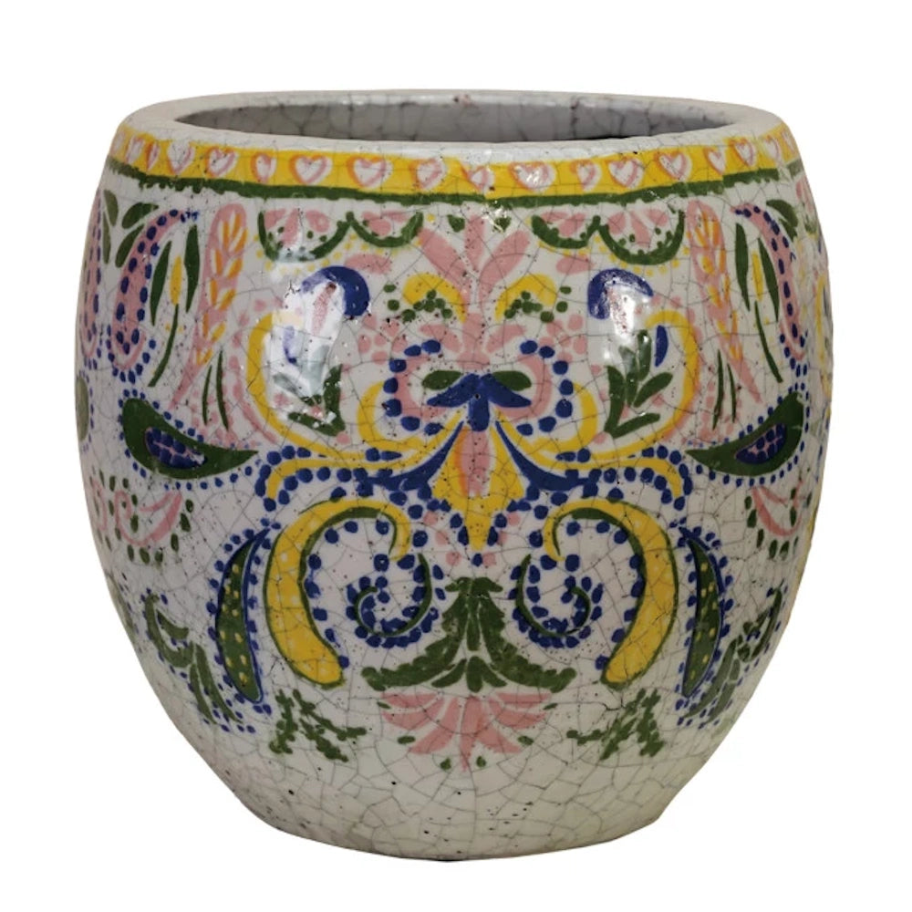 Hand-painted ceramic planter with colorful floral pattern and crackle glaze finish on white background.