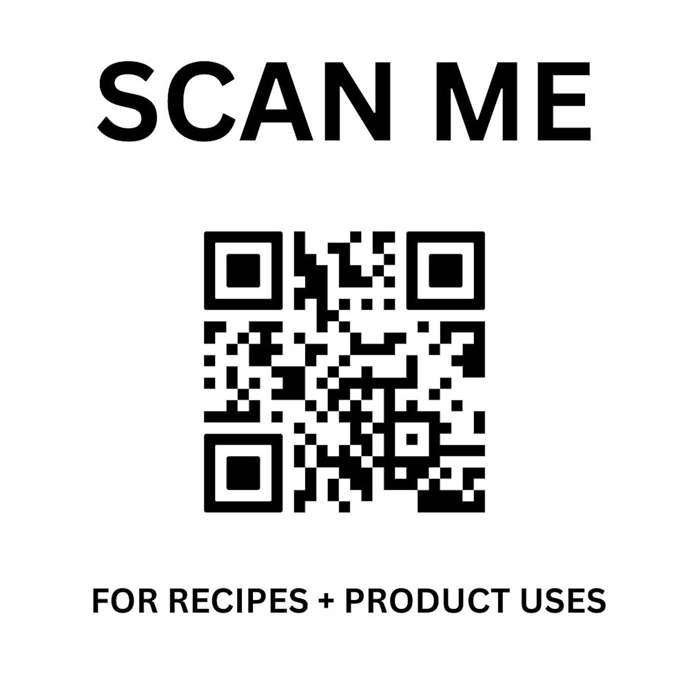 A QR code centered between the text "SCAN ME" at the top and "FOR RECIPES + PRODUCT USES" at the bottom.