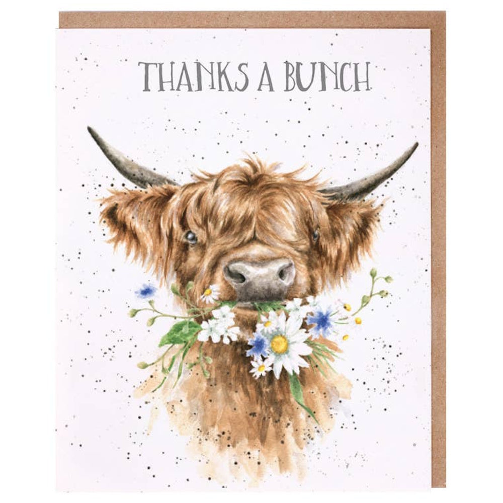 Watercolor Highland cow holding wildflowers with "Thanks a Bunch" text; ideal for rustic greeting cards.
