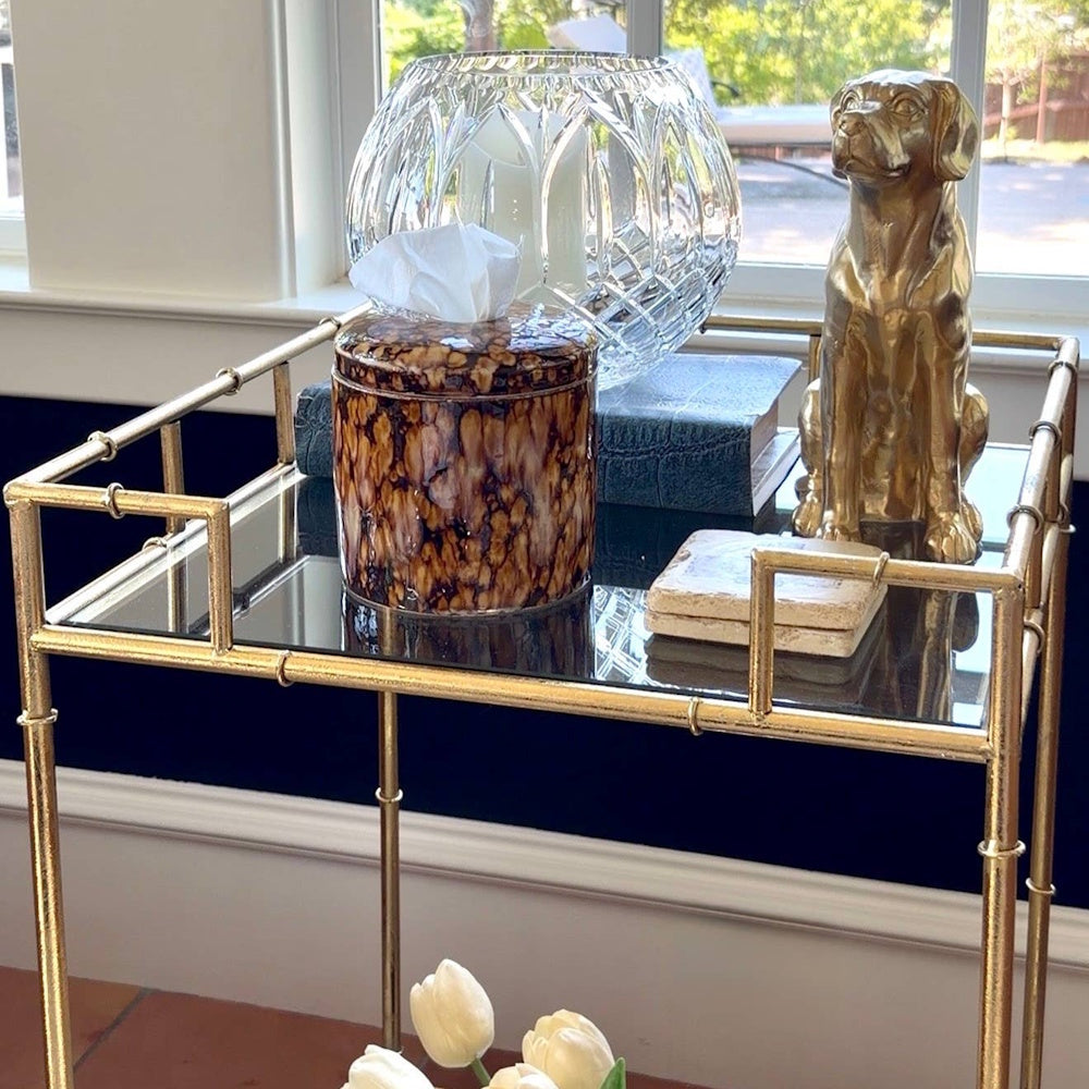 Tortoiseshell tissue vessel on a mirrored bar cart alongside a crystal bowl, a gold dog figurine, and books.