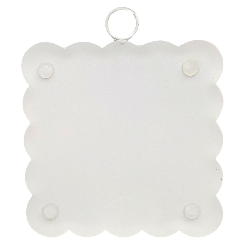 White metal square sign with scalloped edges, back view showing protective pads.