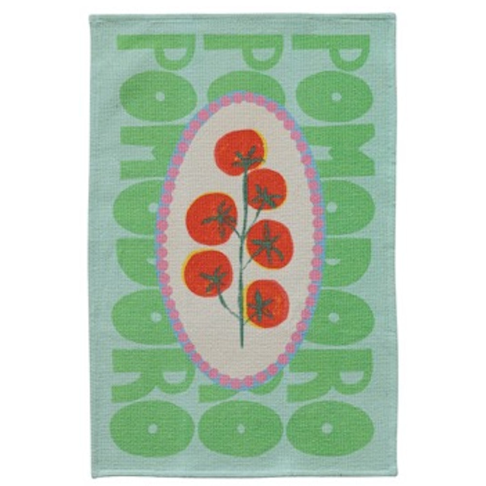 Light blue waffle-weave tea towel featuring "POMODORO" in green text and an illustration of tomatoes on the vine.