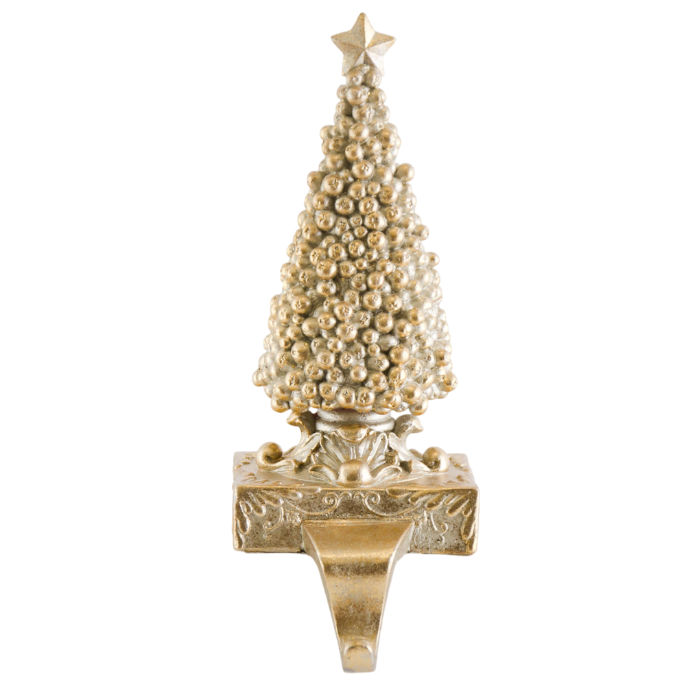 Champagne gold berry Christmas tree stocking holder topped with a star, set against a white background.