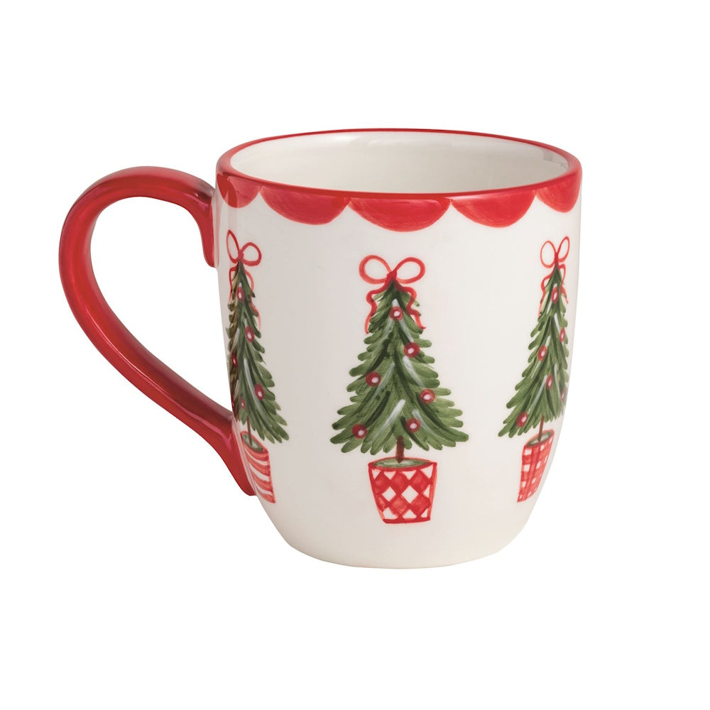 White ceramic mug featuring painted Christmas trees in patterned pots and red scalloped trim.
