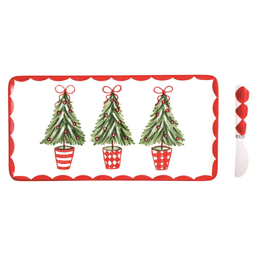 Christmas tree topiary serving tray and spreader set with a red scalloped border.