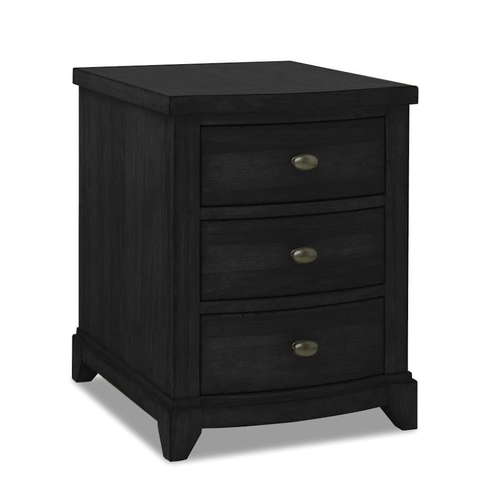 Dark wood three-drawer nightstand with a curved front and metal knobs on a white background.