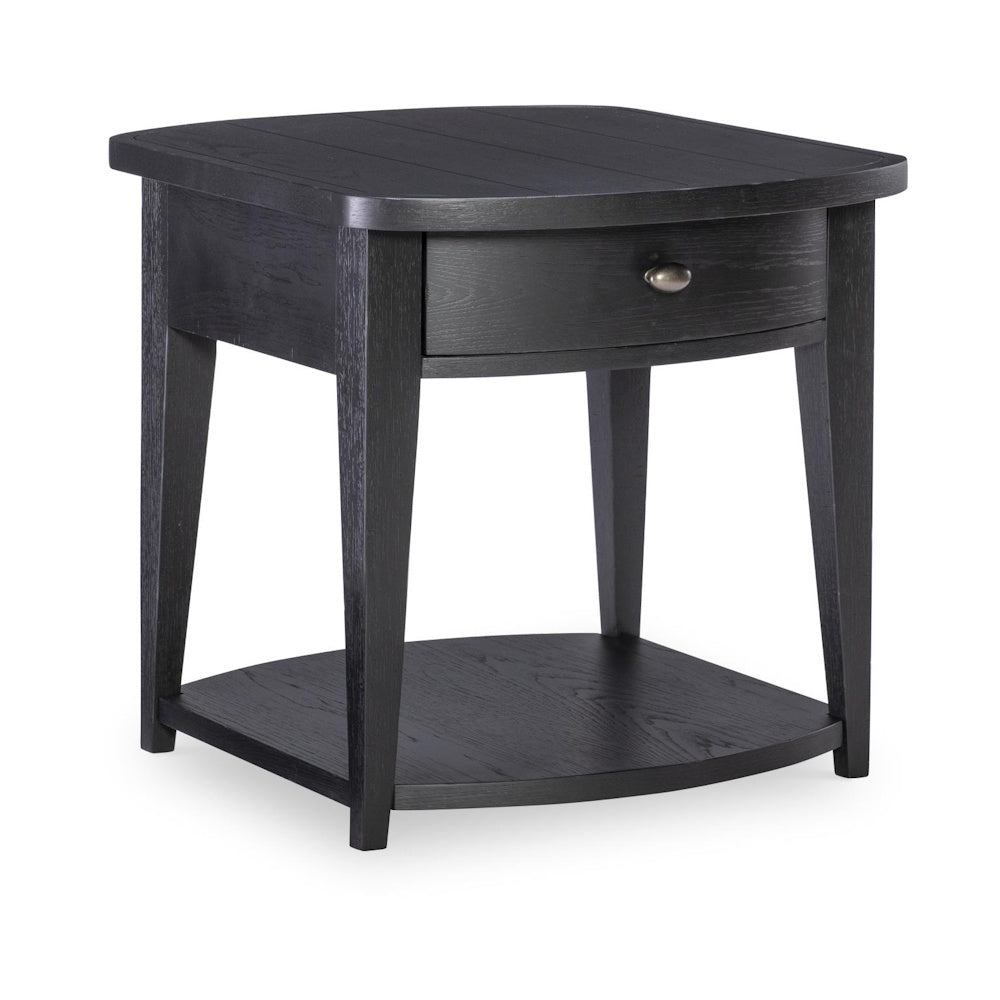 Dark wood end table with a curved front, single drawer with a silver knob, and a bottom display shelf.