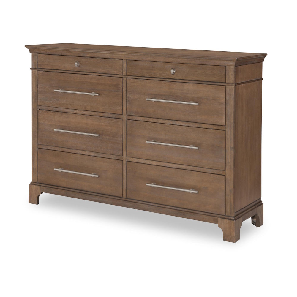 Warm brown wooden eight-drawer dresser with sleek silver metal handles on a white background.