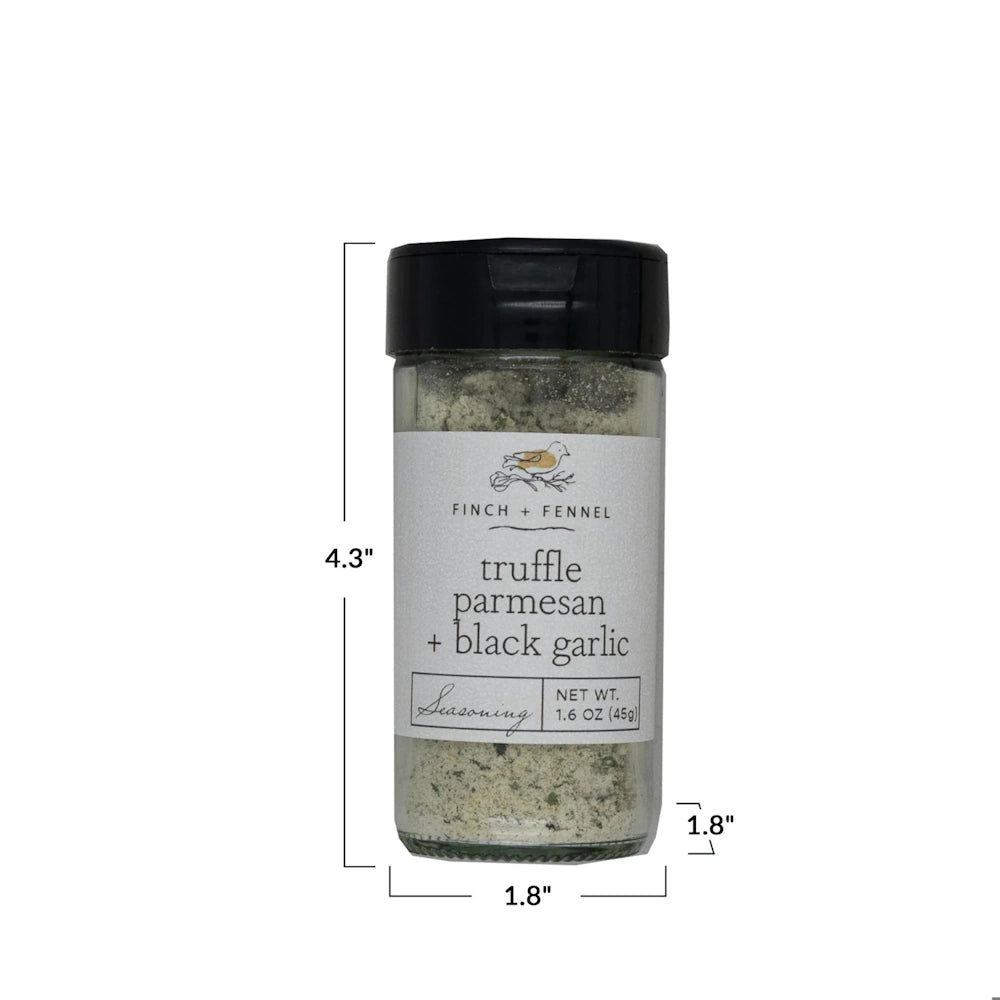 A jar of Finch + Fennel Truffle Parmesan + Black Garlic Seasoning with dimensions showing 4.3" high and 1.8" wide.