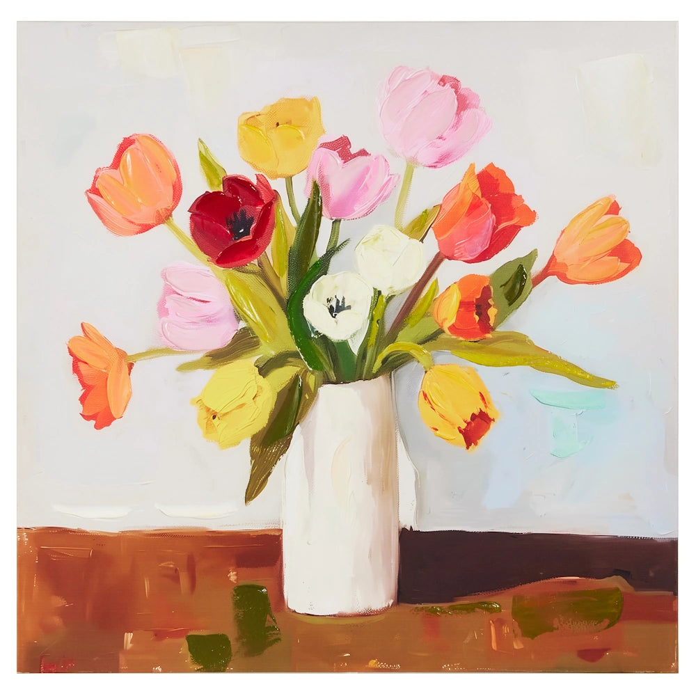 An oil painting of a colorful bouquet of tulips in a white vase on a brown table with a light background.