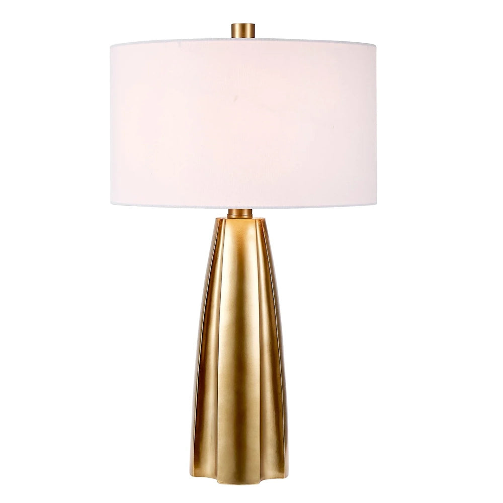 Modern gold table lamp with a fluted metallic base and a white drum fabric shade for contemporary home decor.