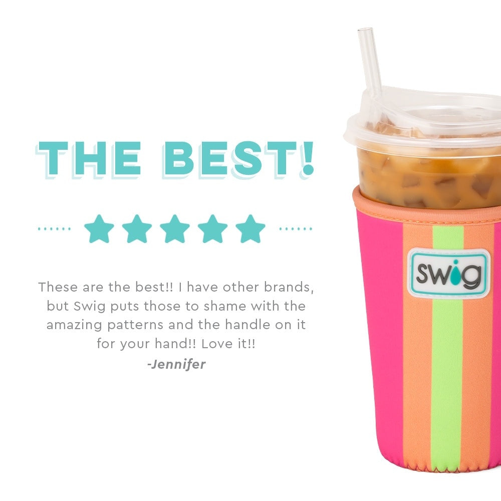 Product review testimonial for a Swig iced cup sleeve featuring five stars and a vibrant striped pattern.