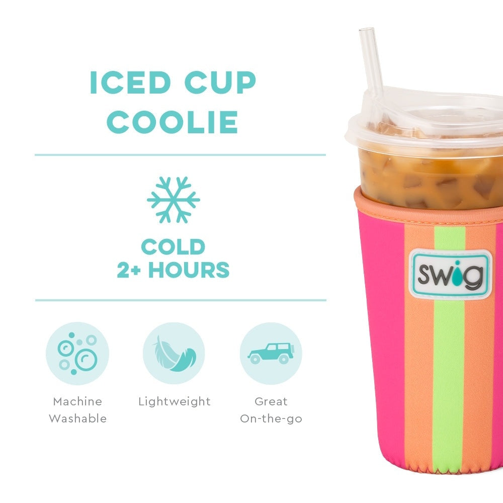 Colorful Swig insulated sleeve on an iced coffee cup next to text highlighting its cold retention features.