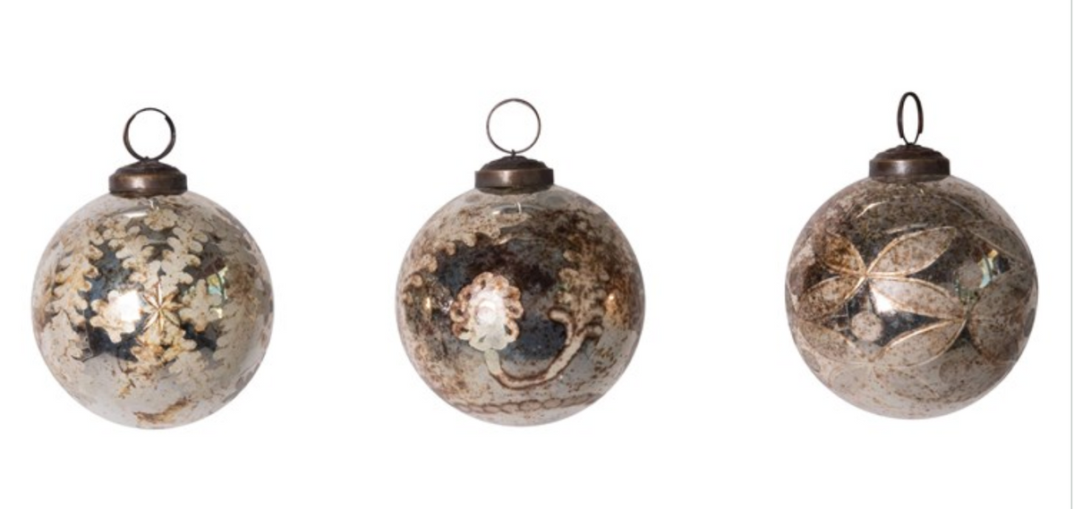 Round Etched Mercury Glass Ball Ornament, Antique Silver