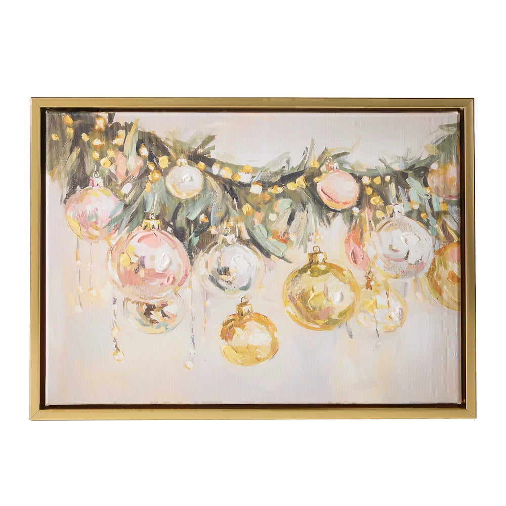 Framed painting of a Christmas garland with glittering gold and pink ornaments in a gold frame.