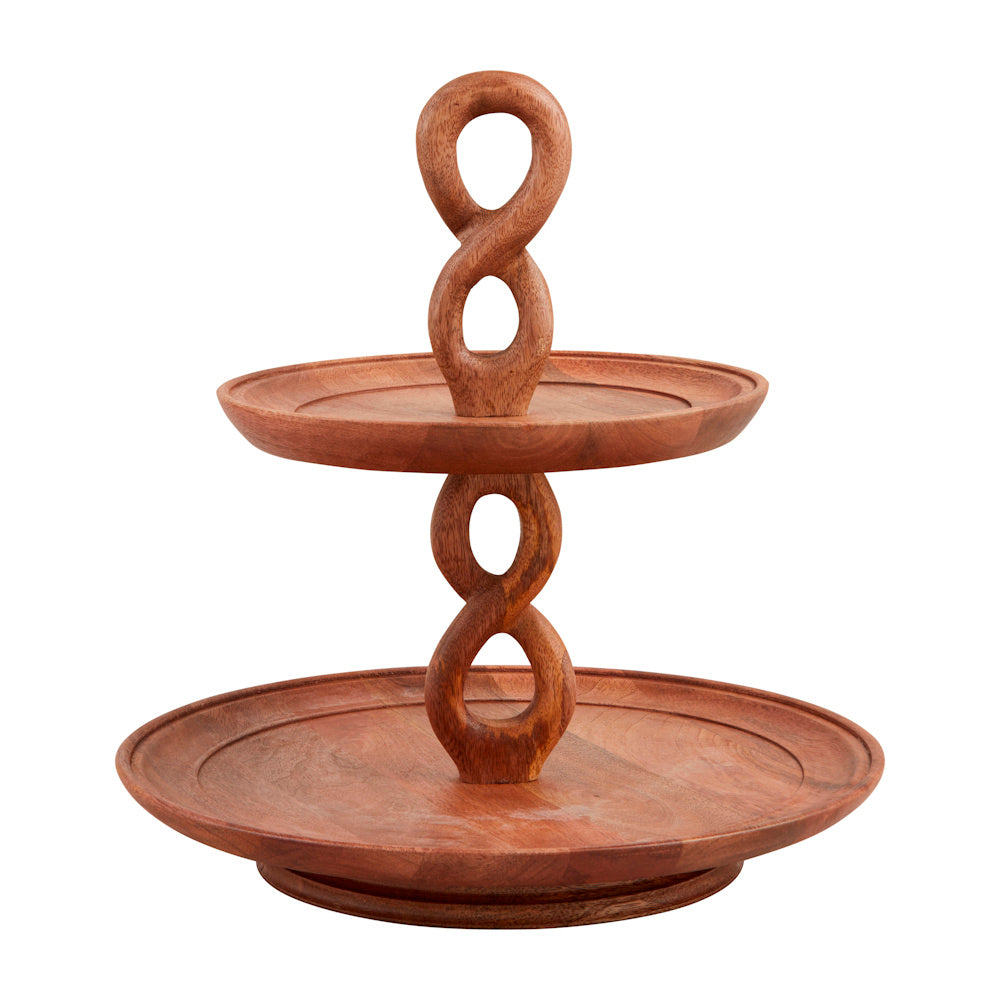 Two-tier wooden serving tray featuring a twisted infinity-style handle and natural grain finish on a white background.