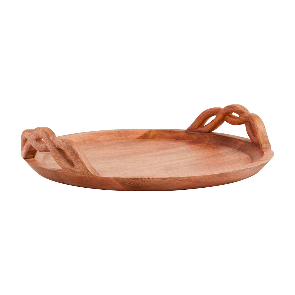 Round mango wood serving tray featuring hand-carved twisted rope handles and a natural wood grain finish.