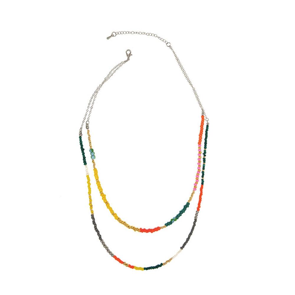 Two-row multi-bead necklace featuring colorful seed beads in yellow, orange, green, and pink on a silver-tone chain.
