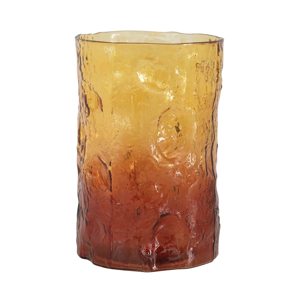Two-tone amber to dark rust textured glass cylinder vase on a white background.