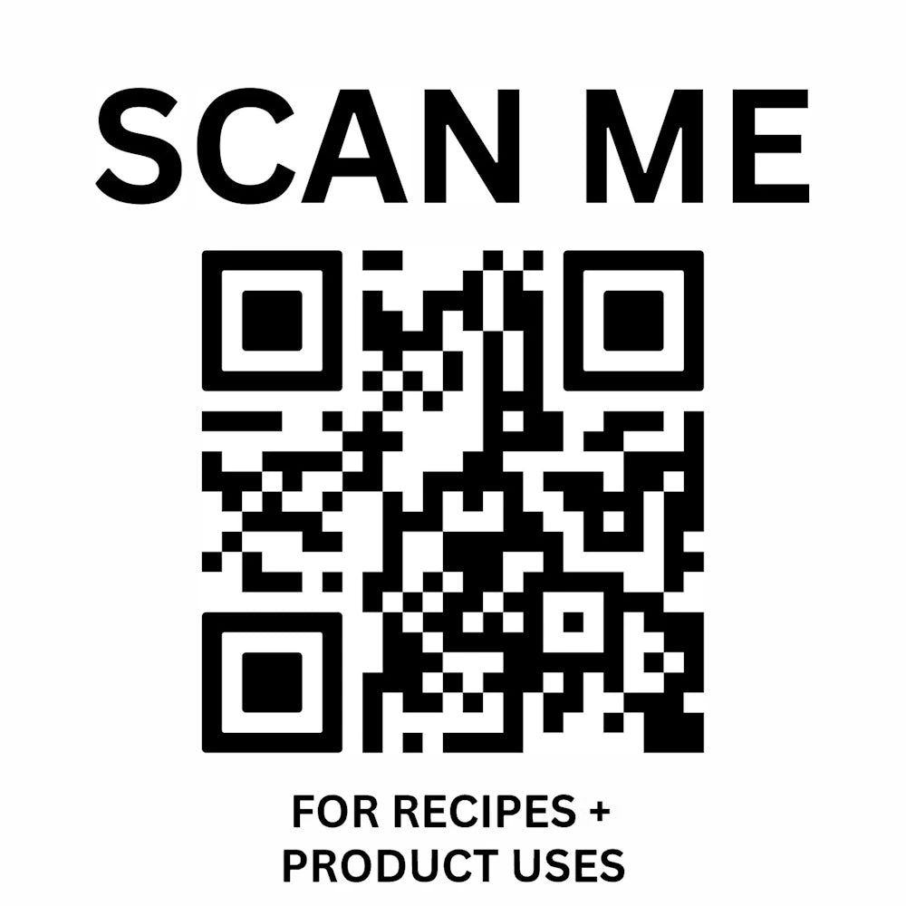 QR code with "SCAN ME" text and "FOR RECIPES + PRODUCT USES" label on a white background.