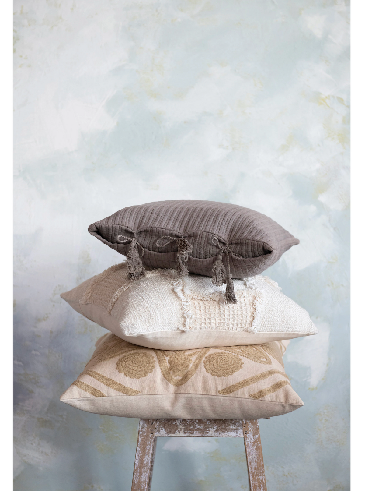 Woven Cotton and Wool Patchwork Pillow with Frayed Edges — alternate view 2