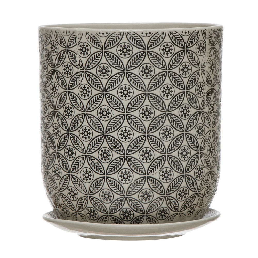 Hand-Stamped Stoneware Pot & Saucer w/ Embossed Pattern, Black & Cream Color — alternate view 3
