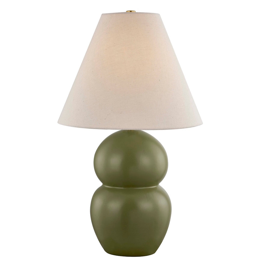 Modern olive green ceramic table lamp with a double gourd base and white tapered linen fabric shade.