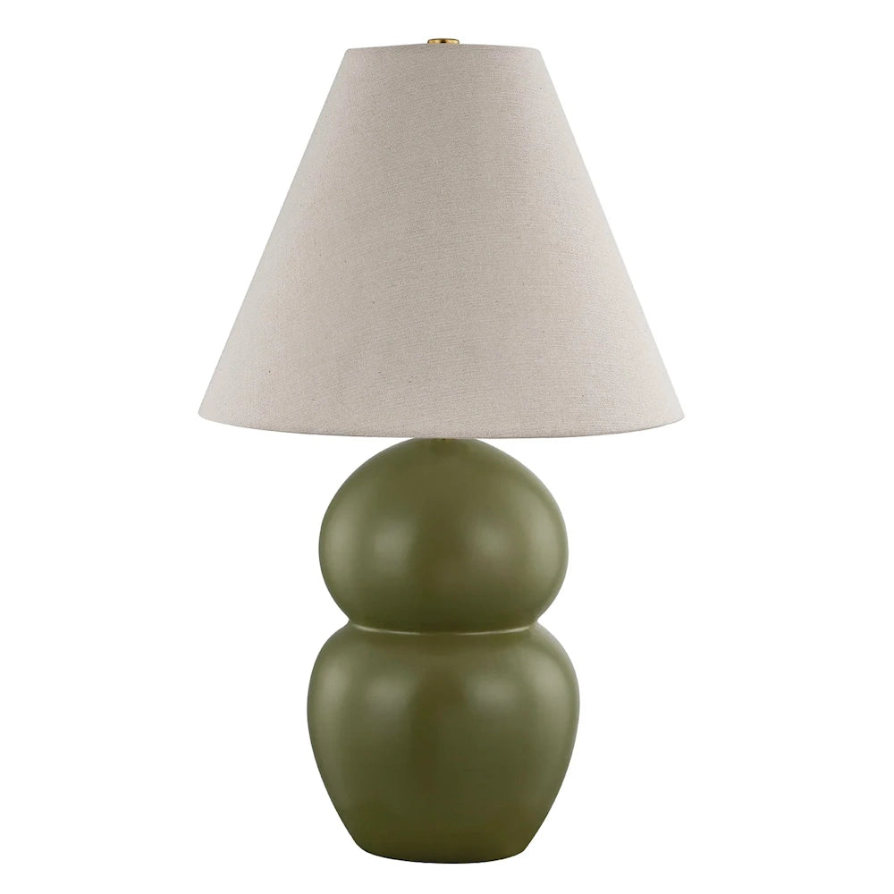 Modern olive green double gourd ceramic table lamp with a tapered cream linen shade on a white background.