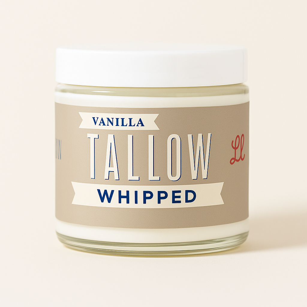 Jar of Vanilla Tallow Whipped moisturizer with a beige and blue label on a cream background.