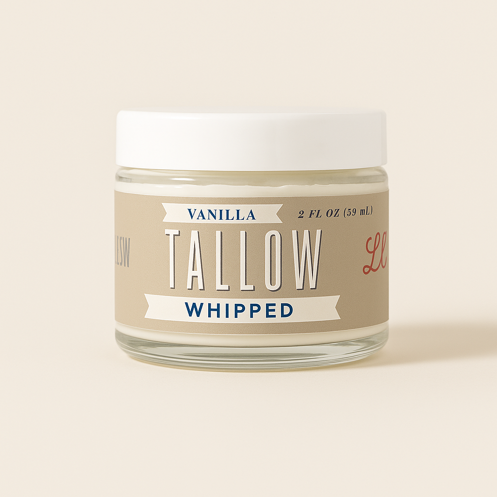 Vanilla Whipped Tallow balm in a 2 oz glass jar.