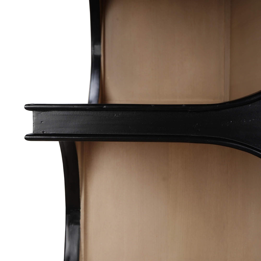 Close-up of Vannes crescent bookcase showing a detailed black shelf edge with a light wood interior.