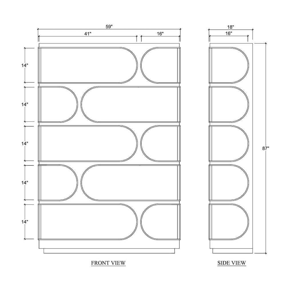 Vannes Crescent Bookcase dimensions diagram showing front and side view measurements.