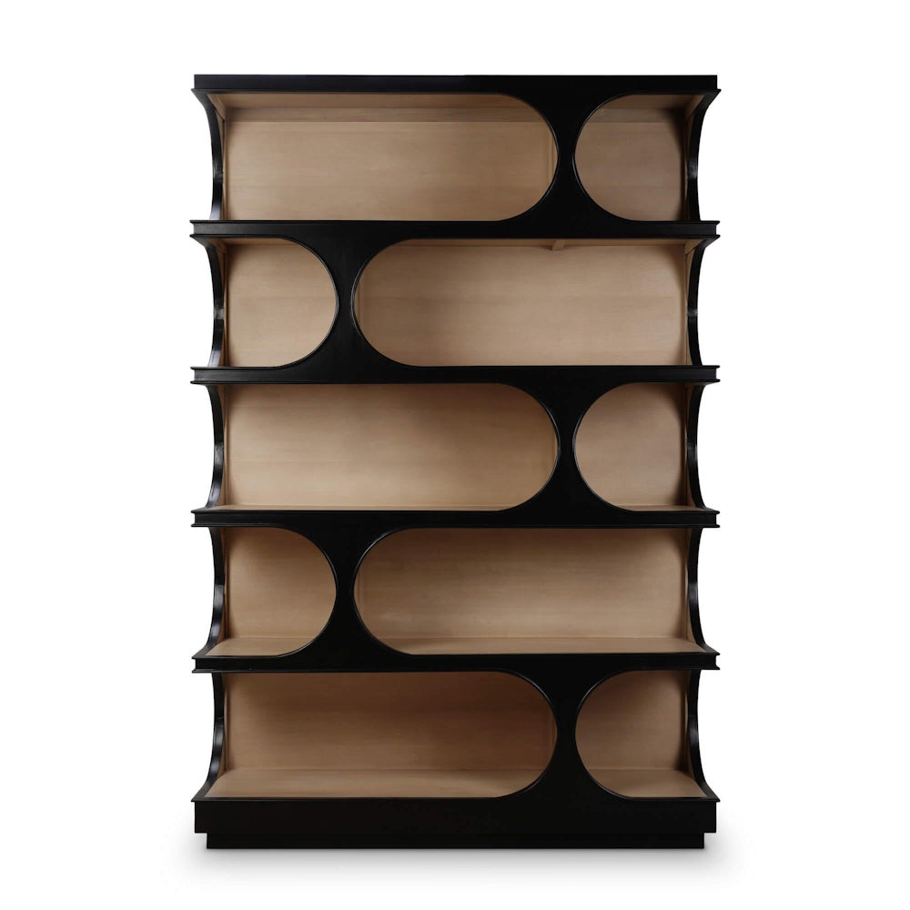 Modern Vannes Crescent Bookcase featuring a black geometric frame and light wood shelving.