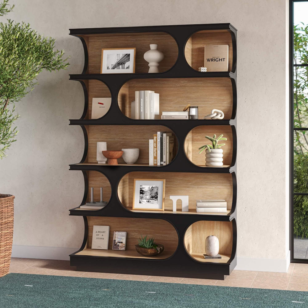 Modern Vannes black crescent bookcase with natural wood shelves.